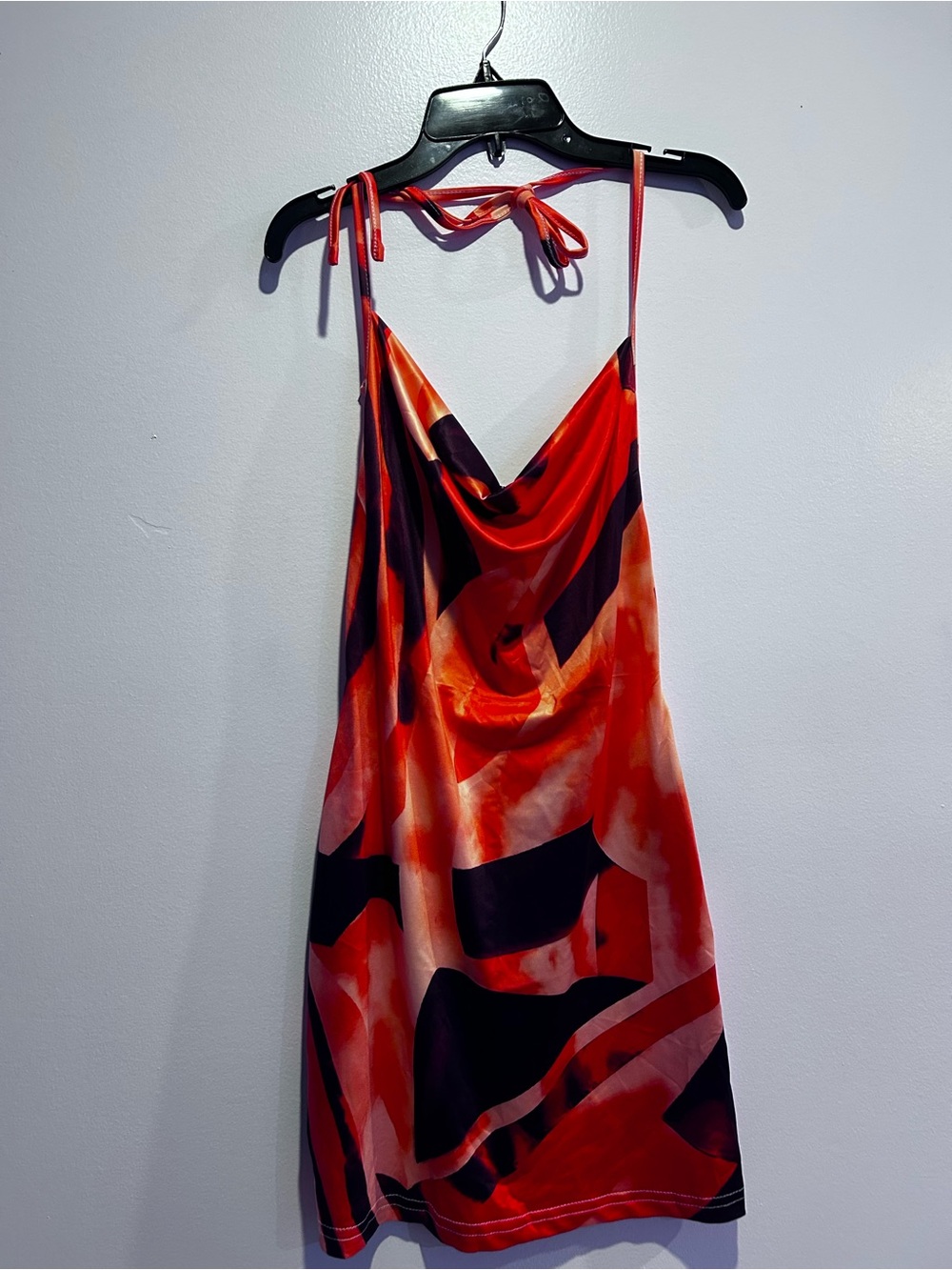 Red Abstract Print Mini Dress with Cowl Neck